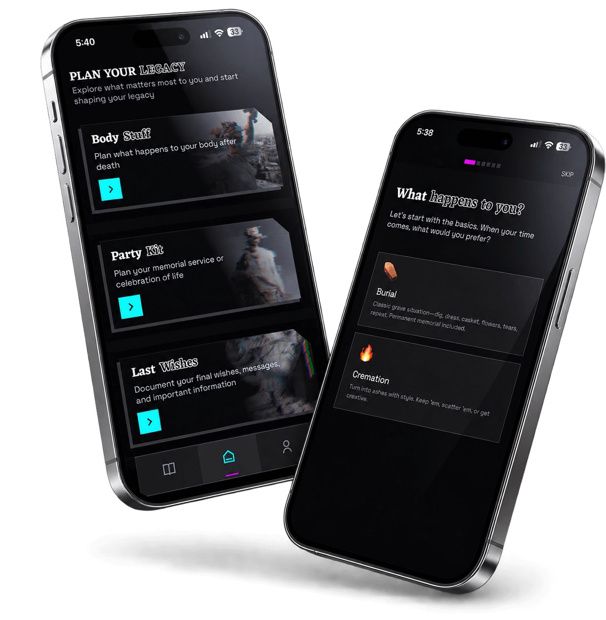 The I'M DEAD app showing the Plan Your Legacy screen and an end-of-life preference question